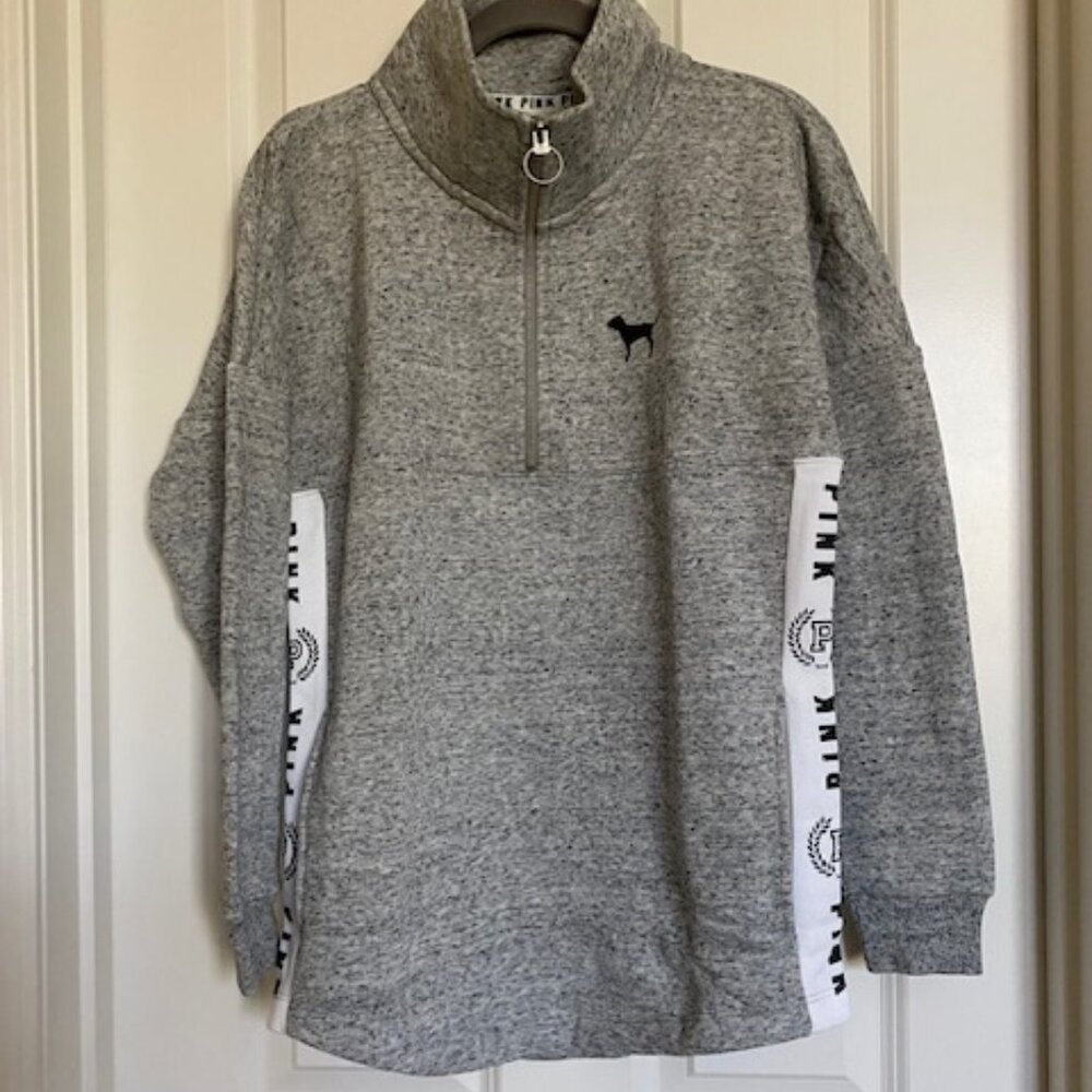 Victoria Secret Pink Quarter Zip Sweatshirt Marled Gray White Size XS
